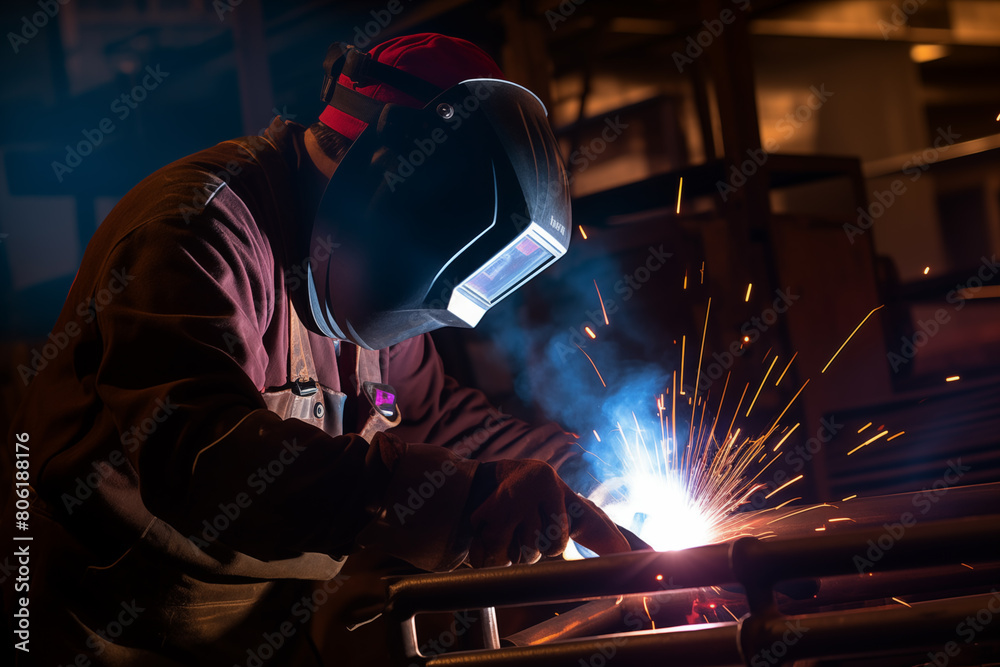 Industrial welder in protective gear, illuminated by glow of their welding torch as they work on a metal. Generative AI Industrial welder in protective gear, illuminated by glow of their welding torch as they work on a metal. Generative AI