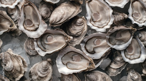 A group of oysters arranged neatly on a table surface photo