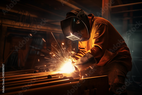 Industrial welder in protective gear, illuminated by glow of their welding torch as they work on a metal. Generative AI photo