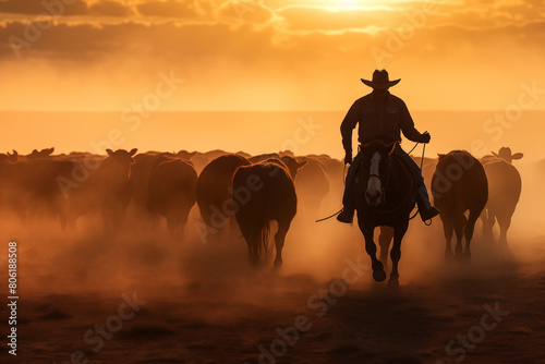 Cowboy leading a herd of cattle across a wide-open prairie. Generative AI photo