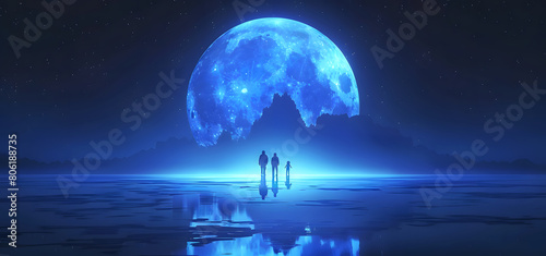 Rural moonlit mountain landscape scene with playing children High quality photo