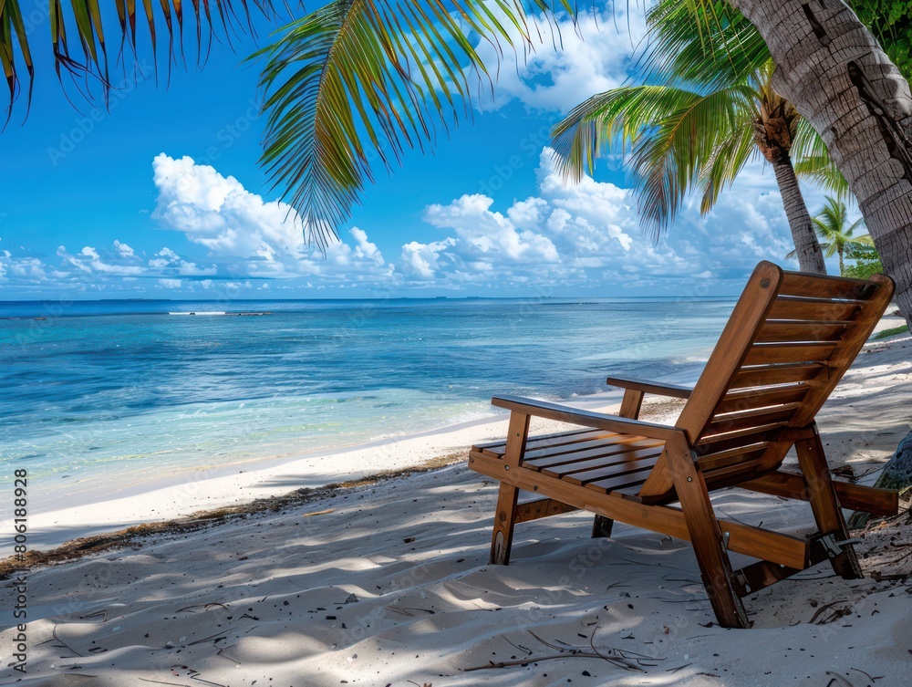 wooden deck chair under palm trees in a white sandy beach