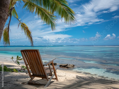 wooden deck chair under palm trees in a white sandy beach © BALLERY ART