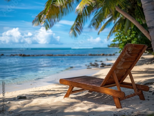 wooden deck chair under palm trees in a white sandy beach