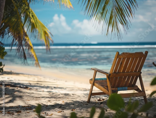 wooden deck chair under palm trees in a white sandy beach