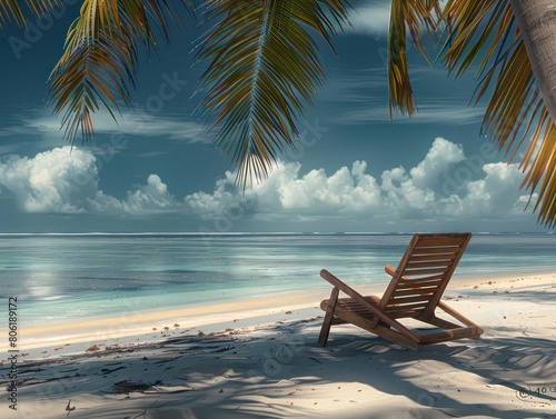 wooden deck chair under palm trees in a white sandy beach