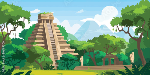 Ancient Aztec Temple and Pyramid Ruins: Vector Cartoon Illustration