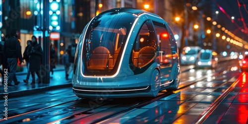 The autonomous electric bus drives through the city center at night.
