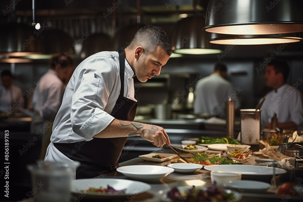 Professional chef preparing a gourmet meal in a bustling restaurant kitchen. Generative AI Professional chef preparing a gourmet meal in a bustling restaurant kitchen. Generative AI