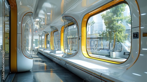The interior of a futuristic train with large windows