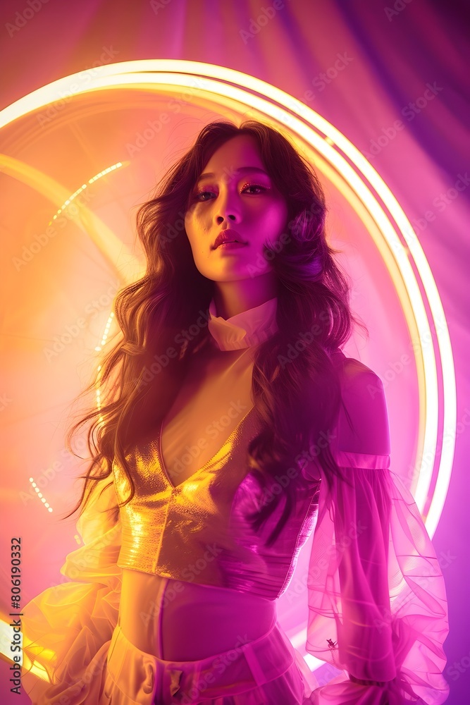 Futuristic Asian Woman Radiating Enchantment in Stylish Attire and Warm Neon Lighting