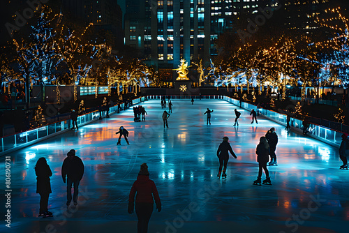 Night shot of a lit-up ice skating rink in the city center during the holiday season, with people skating, emphasizing movement and festive decorations