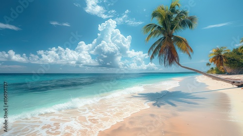 palm tree on tropical island beach on background blue sky with white clouds