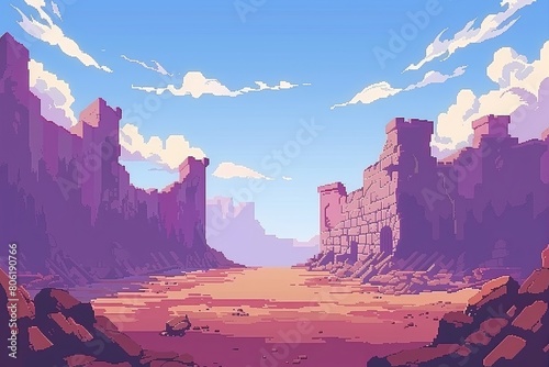 Pixel art desert canyon with ancient fortress ruins under a pastel sky, concept of exploration and lost empires in gaming photo