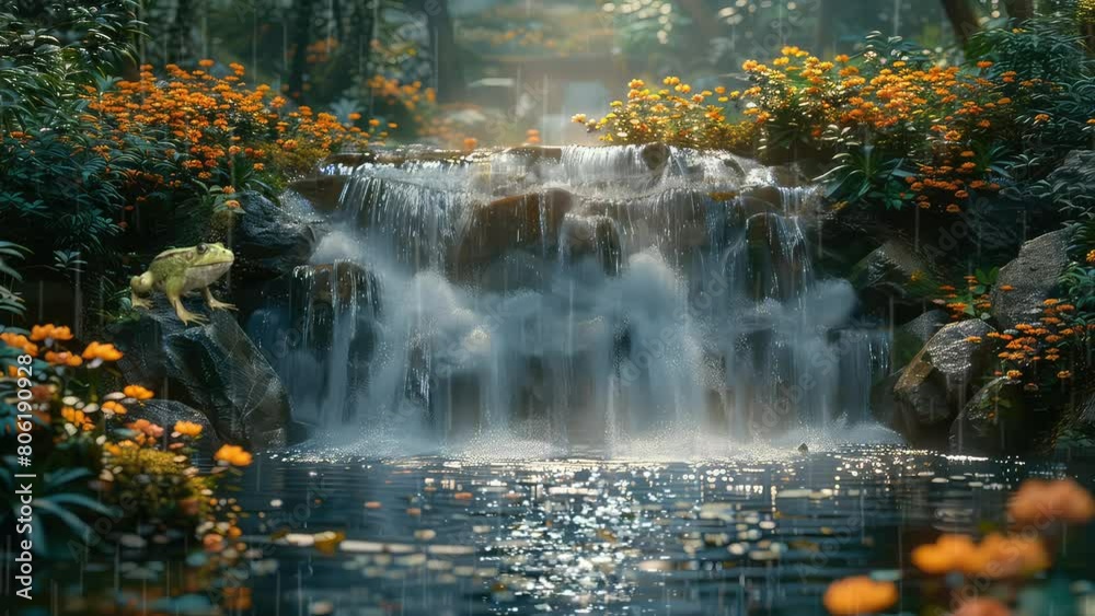 Animation amazing natural waterfalls in the green forests seamless 4k video background. generated with ai