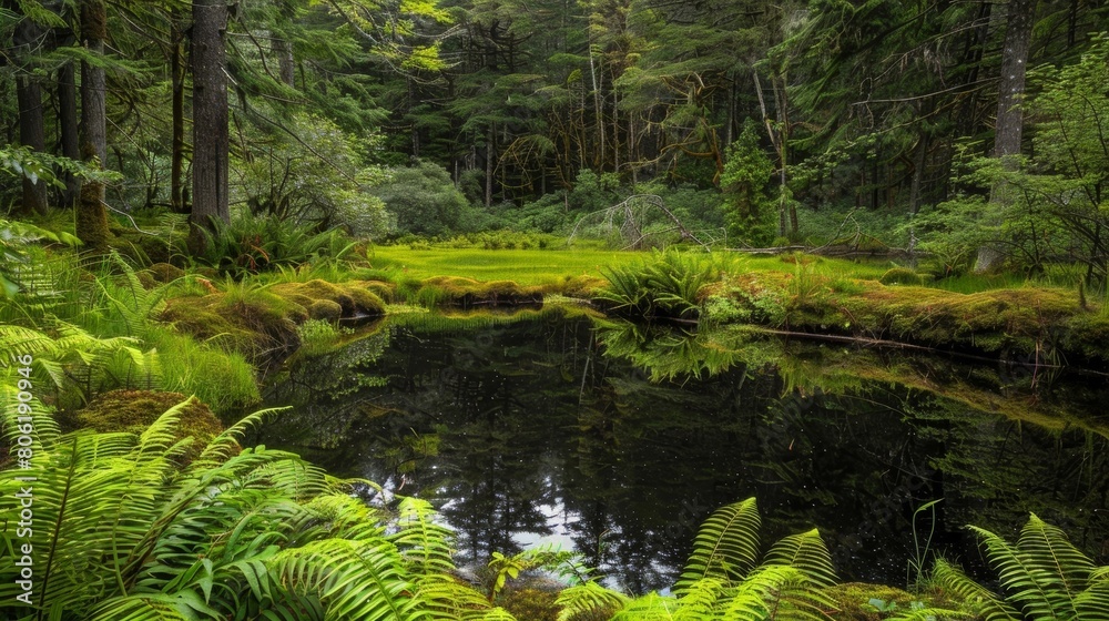 Obraz premium Green ferns and moss cover the ground leading to a secluded pond hidden within a forest. The surface of the water is still reflecting the vibrant colors of the surroundings.
