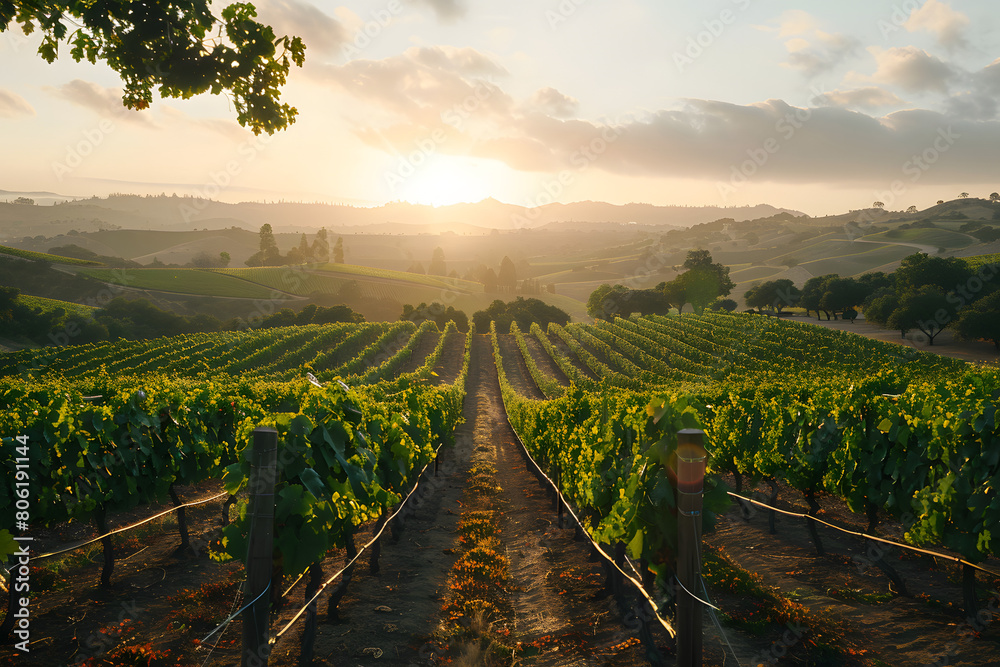 Naklejka premium Panoramic view of a sprawling vineyard at sunrise, with rows of grapevines stretching into the distance and morning dew visible on the leaves