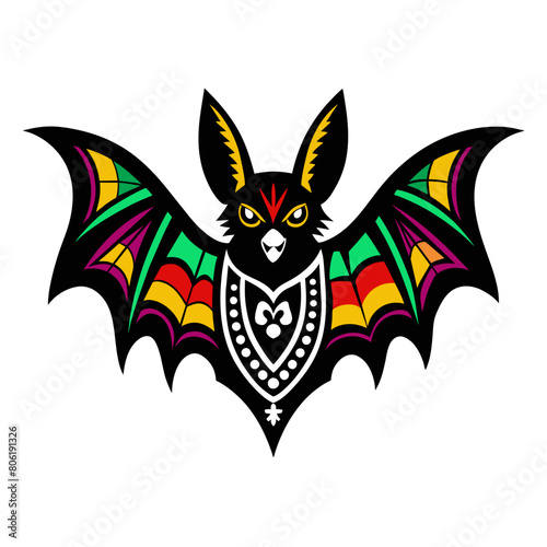 Design a vector silhouette of a bat adorned with intricate patterns inspired by traditional Mexican folk art © amanmalik