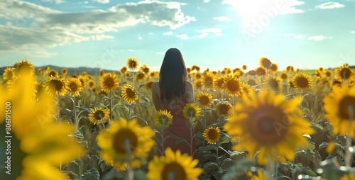 Beautiful woman in a field of sunflowers - 1