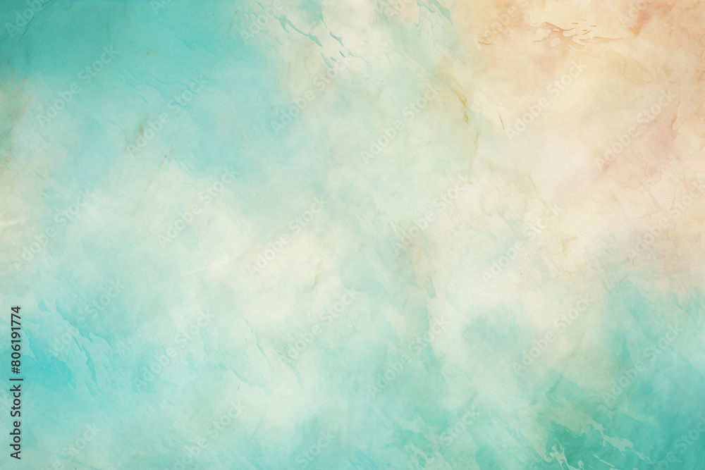 Abstract textured soft grunge watercolor background. Pastel teal and peach colors backdrop with smooth stains. Light warm printable paper surface.