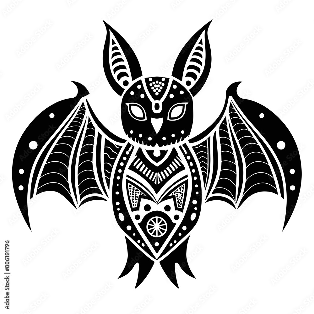 Design a vector silhouette of a bat adorned with intricate patterns inspired by traditional Mexican folk art.