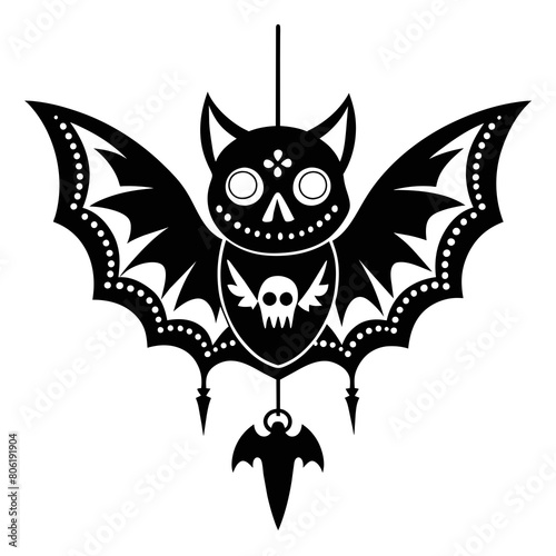 Design a vector silhouette of a bat adorned with intricate patterns inspired by traditional Mexican folk art.