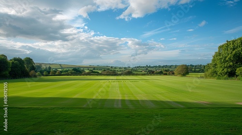 Serene cricket field set against a backdrop of rolling countryside and blue skies, the pitch pristine and ready for play photo
