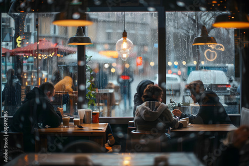 Busy urban cafe scene shot through a rain-speckled window, with customers enjoying coffee, capturing a cozy, inviting atmosphere