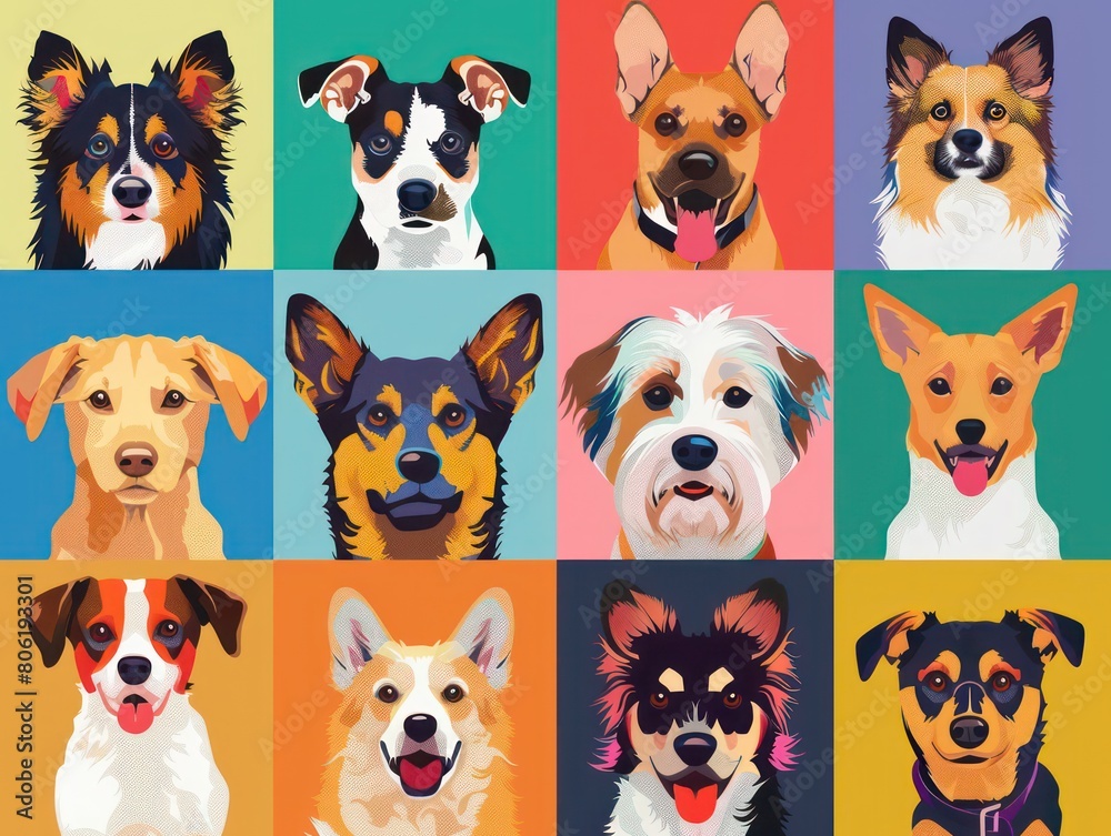 dog breeds, playful and colorful background