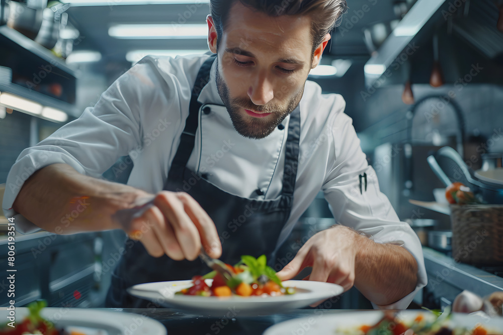 A professional chef in a high-end kitchen, meticulously plating an exquisite culinary dish with a focus on his precise movements and the vibrant ingredients