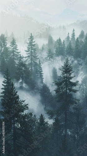 Beautiful morning coniferous forest in the fog
