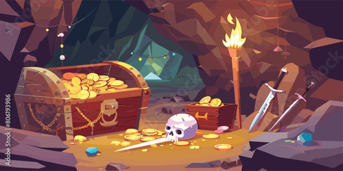 Illustration of a Hidden Cave Treasure: Vector Cartoon Scene with Gold Coins, Jewelry, and Gems