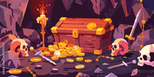 Illustration of a Hidden Cave Treasure: Vector Cartoon Scene with Gold Coins, Jewelry, and Gems