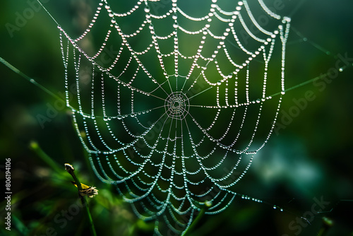 A macro shot of dewdrops on a spiderweb early in the morning, highlighting the intricacy of the web and the natural environment