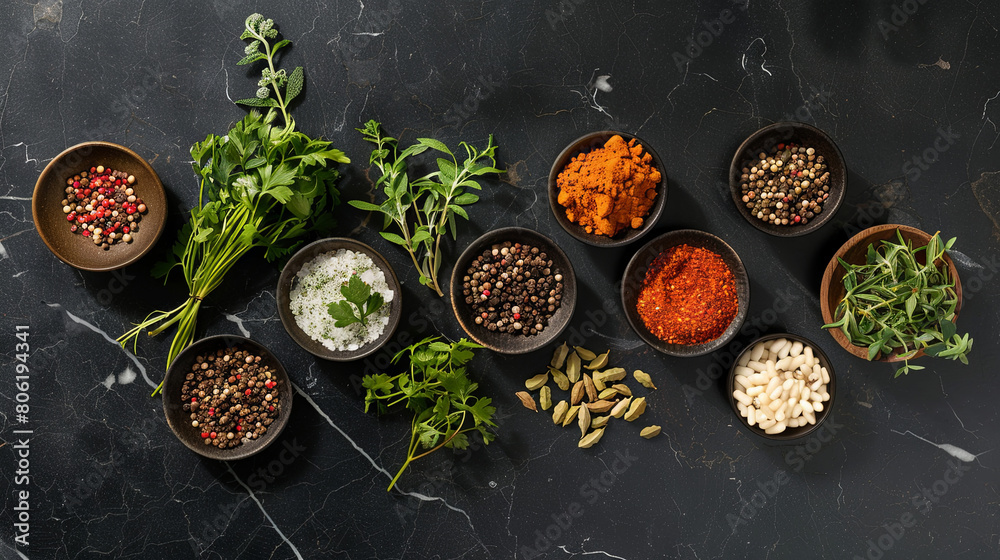 A lot of scattered spices and herbs are depicted on a black isolated background.