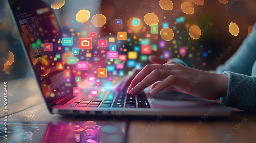 A person using a laptop with a colorful array of app icons floating in front of the screen
A person using a laptop with a colorful array of app icons floating in front of the screen