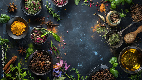 A lot of scattered spices and herbs are depicted on a black isolated background.