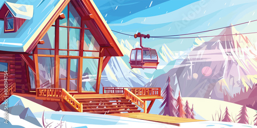 Winter Chalet on Mountain Ski Resort with Funicular: Vector Cartoon Illustration