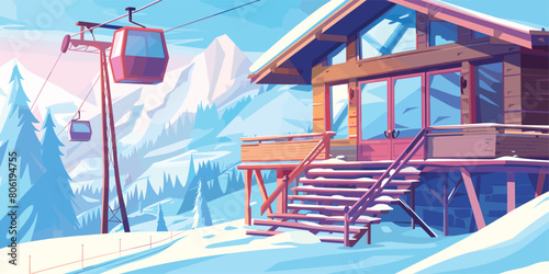 Winter Chalet on Mountain Ski Resort with Funicular: Vector Cartoon Illustration