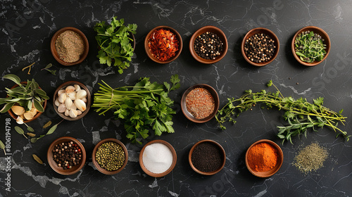 A lot of scattered spices and herbs are depicted on a black isolated background.