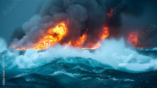 Un incendio en el Ártico derrite bloques de hielo generados por IA. Concept Incendio en el Ártico, Bloques de hielo, IA, Paisaje, Impacto ambiental photo