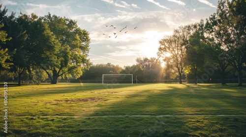 Serene panorama of a sprawling soccer pitch, adorned with freshly mowed green grass photo