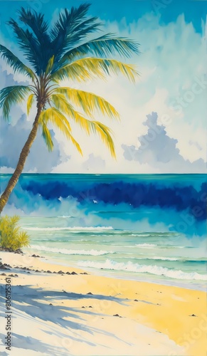 Summer background palms  sky and sea. gorgeous landscape  watercolor