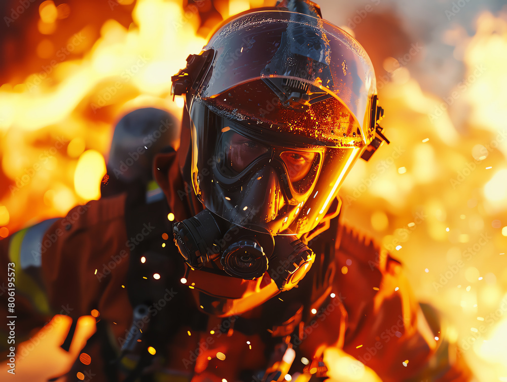 Illustrate the futuristic world of a firefighter battling blazes in virtual reality, emphasizing bravery and quick thinking with unexpected camera angles adding drama and depth Illustrate the futuristic world of a firefighter battling blazes in virtual reality, emphasizing bravery and quick thinking with unexpected camera angles adding drama and depth