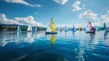 Serene sailing regatta on a sparkling lake dotted with colorful sails, boats gliding through the water with grace and precision