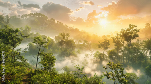 Tropical Rainforest at Dawn, Lush Greenery and Misty Morning in the Dense Amazon Jungle