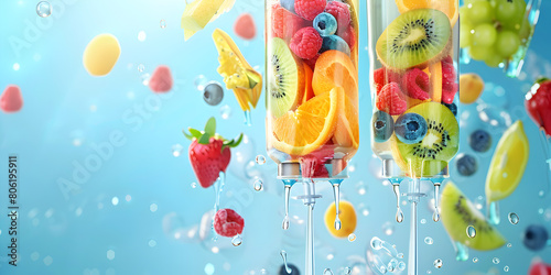   Web banner featuring a saline bag with assorted fruits for IV serum. Concept Medical Illustration, Fruit Infusion, IV Therapy, Healthcare Concept, Saline Bag with a Variety of Fruits for Infusion

 photo