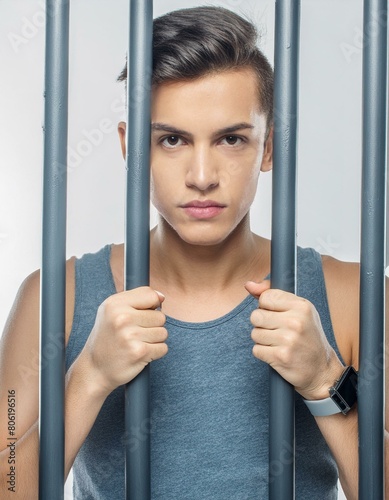 jeune homme en marcel derrière les barreaux d'une prison en ia photo