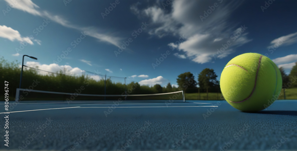 Tennis ball on blue tennis court. the concept of a sporty lifestyle.
