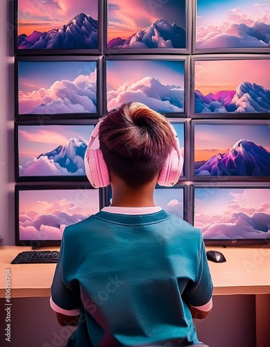 jeune garçon avec un casque jouant aux jeux vidéo devant un grand nombre d'écrans en ia ambiance rose